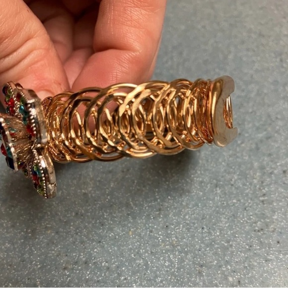 RARE Vintage Estate 18K Gold Multi Color Gemstone Flower Bangle Cuff Bracelet - Picture 7 of 12